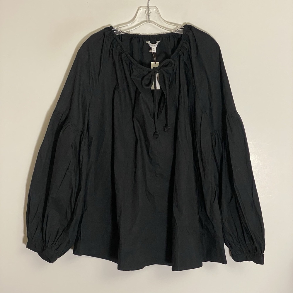 NWT Banana Republic Top Womens Small Black Cotton Poplin Neck Tie Lagenlook Boho